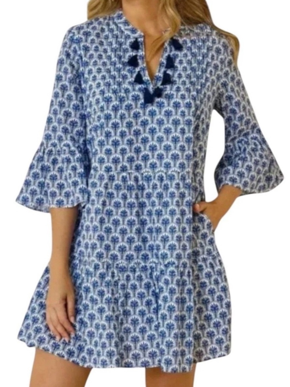 Tommy Bahama Blue White Medallion Print Tassel Mini Shift Dress XS Resort